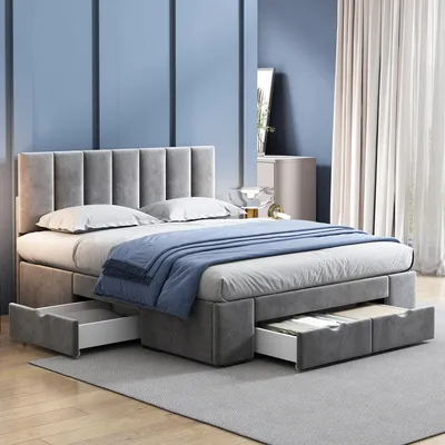 Obrázok produktu pre Sametová čalúnená posteľ 140 x 200 cm so 4 zásuvkami a roštom, sivá, výškovo nastaviteľná hlavová časť, rám postele s úložným priestorom (bez matraca)
