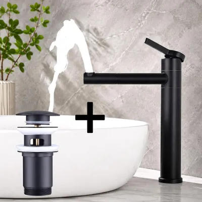 Produktbild von Homelody Wasserhahn Bad Schwarz 304 Edelstahl+Ablaufgarnitur 1 1/4 Zoll Messing Ventil Ablauf,Waschtischarmatur Waschbecken Armatur Mischbatterie Hoch