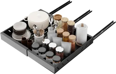 Immagine prodotto di Ripiano estraibile per cassetti della cucina - Contenitore organizzatore estraibile - Acciaio inossidabile - Impermeabile - Adatto per piatti e bottiglie di spezie - 1 pezzo - Nero