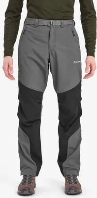 Herren Trekkinghose "MEN"S TERRA PANTS" von Montane in Grau mit schwarzen Einsätzen; getragen von einer Person.