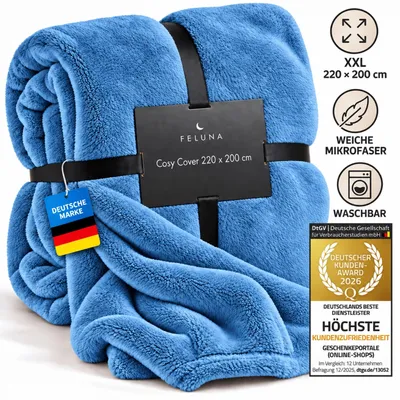 Produktbild von Feluna XXL Kuscheldecke 220x200 cm Türkis – Flauschige Wohndecke aus Korallenfleece mit Kaschmir-Touch – Perfekte Tagesdecke für Sofa & Bett