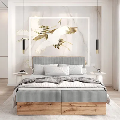 Produktbild von Boxspringbett TILIA Doppelbett mit Bonellmatratze Bett mit Topper und Bettkasten Cord Stoff Polsterbett mit Kopfteil Modern Schlaffzimmer Wotan Platte (180x200 hellgrau)