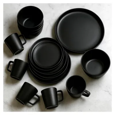 Produktbild von Schwarzes Steingut Geschirrset für 4 Personen, 16-teiliges Tafelservice mit Speisetellern, Desserttellern, Suppentellern und Schüsseln