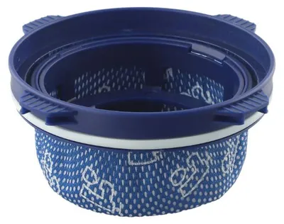 A blue vacuum cleaner filter with a white band and blue patterned fabric.