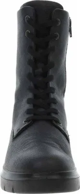 A front view of a black lace-up boot.