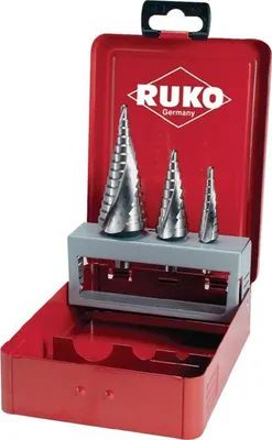 Zdjęcie produktu dla Zestaw wierteł do otworów przelotowych RUKO 101026, stal szybkotnąca (HSS), 3 sztuki, w metalowej obudowie