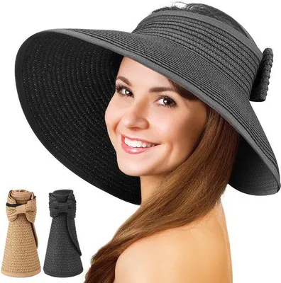Produktbild von Schnell einkaufen - 2 Stück Faltkragen Hut Frauen - Wide Edge Sun Hut - Schwarz - Ideal für Strand, Sommer, Garten und Party