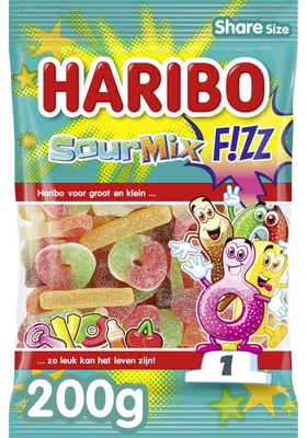 Obrázok produktu pre Haribo Sour Mix F!zz Sour 200g – ovocno-kyslé cukríky so šumivou