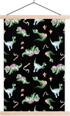 Produktbild von MuchoWow® Textilposter Dinosaurier - Muster - Kinderzimmer - Jungen - Mädchen - Kinder - Kinder 120x180 cm mit holzfarbenen Rahmen - Textil-Plakat