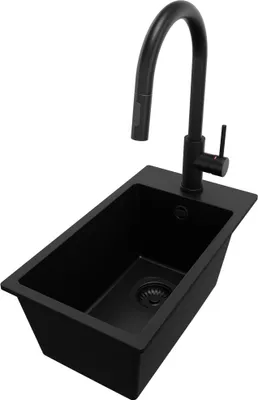 A black kitchen sink with a black faucet, isolated on a white background.