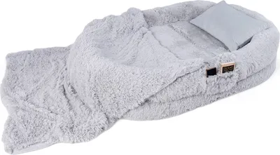 Produktbild von COSTWAY legowisko dla psa ogromne z poduszką, kocem, paskami i zdejmowanym pokrowcem, puszyste legowisko do prania dla ludzi i psów, 171x115cm owalne szare