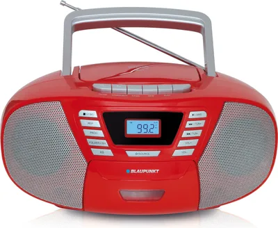 A red Blaupunkt boombox with silver speaker grilles and handle, shown from the front.