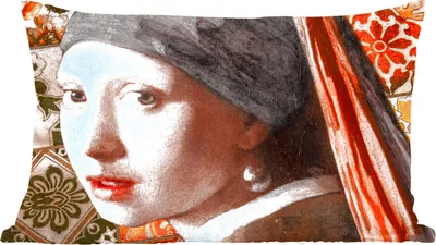 Produktbild von MuchoWow® Zierkissen Sofakissen Wohnzimmer Dekokissen 50x30 cm Das Mädchen mit dem Perlenohrring - Vermeer - Collage - Wohnzimmerdekoration - Polster mit Photo