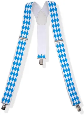 Productafbeelding van Unyqoos® Elastische, blauw-witte bretels met een traditioneel Beiers ruitpatroon, verstelbaar en voorzien van stevige clips – ideaal voor   en carnaval