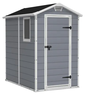 Image de Manor 4x6 - Abri de jardin 130x198x192 cm 1 porte pour rangement d’outils finition effet bois rayé en résine gris