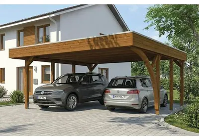 Produktbild von Doppelcarport SKAN HOLZ Friesland inkl. 1 Einfahrtsbogen, Pfostenanker 546 x 555 cm nussbaum