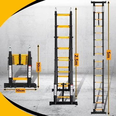 Zdjęcie produktu dla Drabina teleskopowa z mechanizmem Soft Close – wysokość 5 m – kolor żółto-czarny – z stabilizatorem i kółkami
