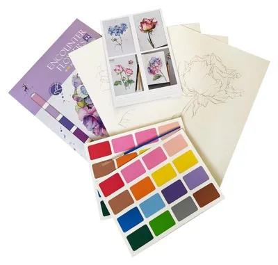 Image de Kit de peinture aquarelle Fleurs d'Été - 4 feuilles à motif - Kit DIY avec peintures & pinceau