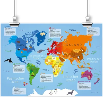 A colorful world map poster for children, featuring animals and geographical information.