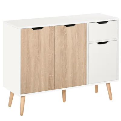 Produktbild von HOMCOM Sideboard mit Schrank und Schubladen Kommode Nachttisch Beistellschrank im skandinavischen Design viel Stauraum MDF Spanplatte Weiß+Natur 90 x 30 x 72 cm