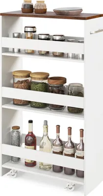 A white and brown multi-shelf rolling cart filled with various jars and bottles.