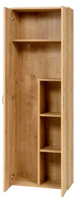 Produktbild von Holz Putzmittelschrank, Wäscheschrank mit Türen, Kleiderschrank aus Holz, Garderobenschrank, Mehrzweckschrank, 2 Türen mit Haken und 3 Regalen, Eiche, 60x34x180cm