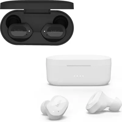 A product shot of Belkin SoundForm Play true wireless earbuds and their charging cases.