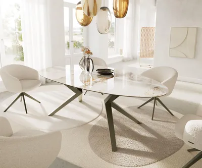 Produktbild von DELIFE Esstisch Edge Oval 220x120 Keramik Minas Melange Weiß-Beige Zenthara kantig Metall Effektfinish Titan