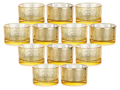 Produktbild von Teelichthalter Gold: 12 Stück Windlichter aus Glas für Tischdeko