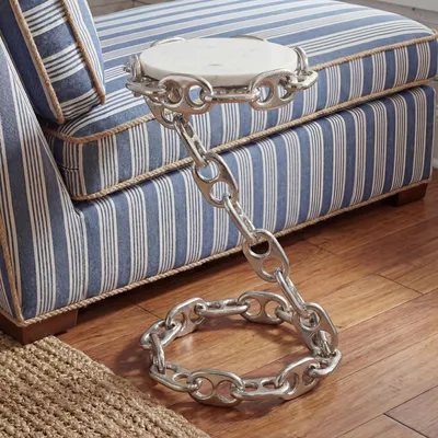 Produktbild von FineBuy Beistelltisch Metall mit weißer Marmor Tischplatte 31cm rund Anstelltisch Silber Kettengestell Sofatisch Couchtisch Wohnzimmertisch Handmade