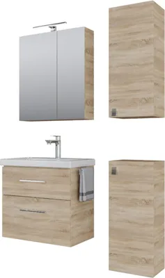 Produktbild von Planetmöbel Badmöbel-Set Waschtisch mit Unterschrank 63 cm, Spiegelschrank 60 cm mit LED-Leuchte (chrom) & Steckdose, 2X Midischrank Sonoma Eiche