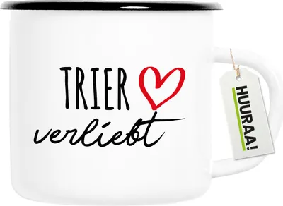 Produktbild von Huuraa Emaille Tasse Trier verliebt 300ml Vintage Campingbecher Geschenkidee
