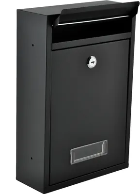 A black mailbox is shown against a white background.