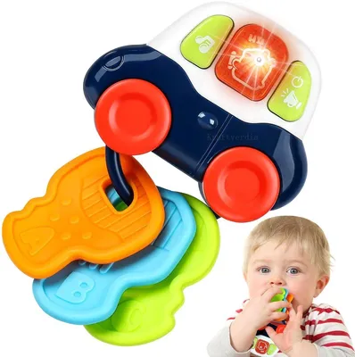 Immagine prodotto di Minicee 2 in 1: anello da dentizione per neonati, macchinina musicale, giocattolo sensoriale Montessori, con luci, blu