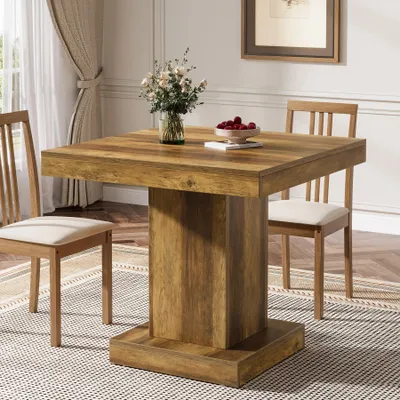 Image de Table de salle à manger rustique - Table de cuisine carrée pour 4 personnes - 90 x 90 x 40 cm - Plateau en bois - Piètement massif en forme de colonne - Marron rustique