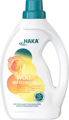 A white plastic bottle of laundry detergent with a teal cap and colorful labels.
