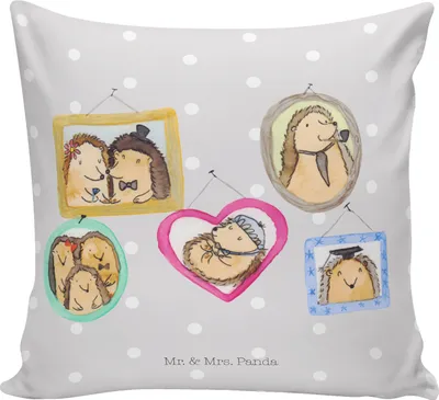 Produktbild von Mr. & Mrs. Panda Deko Kissen Igel Familie - Grau Pastell - Geschenk, Couchkissen, 40x40, Dekokissen, Bruder, für sofa, Bilder, Opa, kuschelkissen, Liebe, Sofakissen