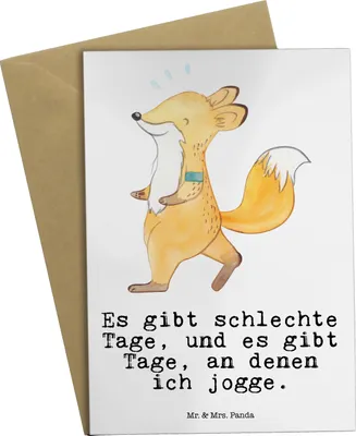 Produktbild von Mr. & Mrs. Panda Klappkarte Fuchs Joggen - Weiß - Geschenk, osterkarten, Laufen, kommunionskarte, hochzeitskarten, weihnachtskarten, Dauerlauf, Laufsport, Grußkarte