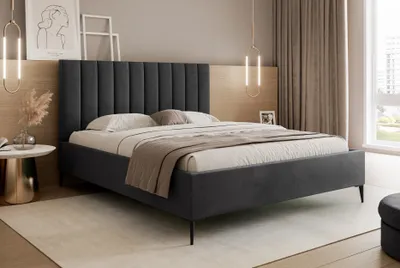 Produktbild von Polsterbett mit Kopfteil 180x200 Tatiana Slim II - Doppelbett mit Bettkasten und Lattenrost aus Holz - Samtstoff - Schwarz & Velluto 20