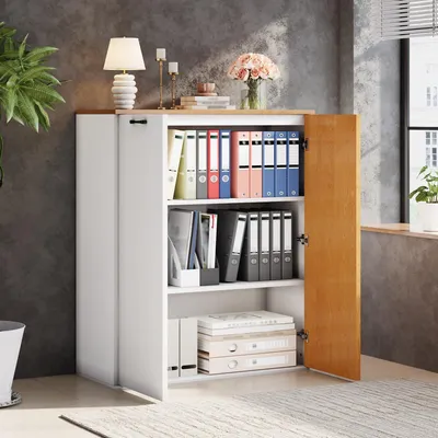 Produktbild von okwish Büromöbel-Set mit Schreibtisch und Aktenschrank, Computertisch mit Unterschränken und Viel Stauraum,für Homeoffice,Eiche