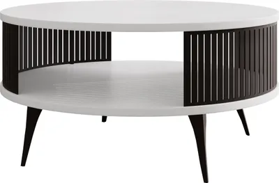 A round coffee table with a white top and shelf, and a slatted black base and legs.