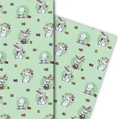 Produktbild von Komisches Oster Geschenkpapier mit lustigen Hasen auf grün - G5184, 32 x 48cm