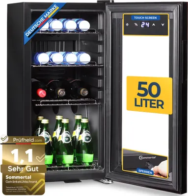 An open beverage cooler with bottles and cans inside, showcasing a digital display and capacity label.