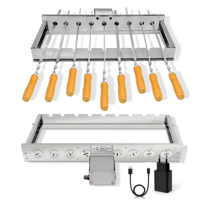 Produktbild von Elektrischer Spießdreher BBQ Set mit regulierbaren Motor – Edelstahl Grillaufsatz für Gas-, Holzkohle- & Elektrogrill verstellbar, 46cm mit 9 Spießen
