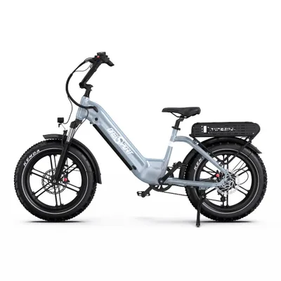 A studio shot of a gray electric bicycle against a white background.