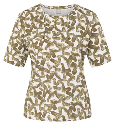 Produktbild von Rabe Halbarm T-Shirt mit Rundhalsausschnitt und Schnürung, grafischer Allover-Druck, Baumwollmix, Grün, Größe 40