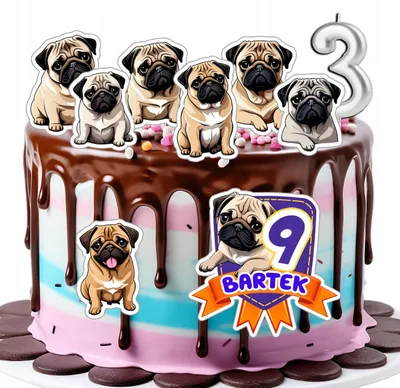 Zdjęcie produktu dla Opłatek Zestaw Urodzinowy Postacie Na Tort - Pies Rasa Mops Pug + Imię