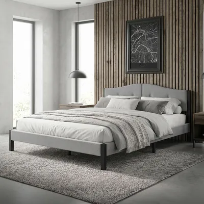 Immagine prodotto di Letto imbottito ML-Design 160x200 cm, grigio. Letto matrimoniale con solida struttura, testiera e rete a doghe. Letto moderno per ragazzi rivestito in tessuto di lino.