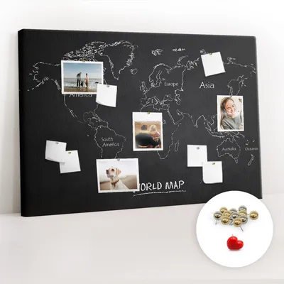 Obrázek produktu pro Korková nástěnka s kolíčky - Tabule s kolíky pro fotografie a poznámky - 120x80 cm - Připínáčky kovové 100 kusů - Mapa světa zemí