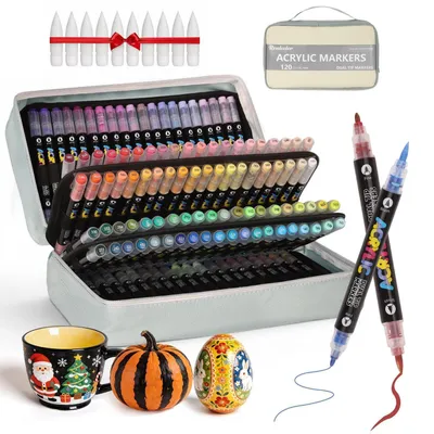 Immagine prodotto di Pennarelli acrilici a punta pennello, 120 colori, ideali per legno, pietra, tela, vetro, tessuto, uova, rocce, progetti fai-da-te e artigianato. Non tossici